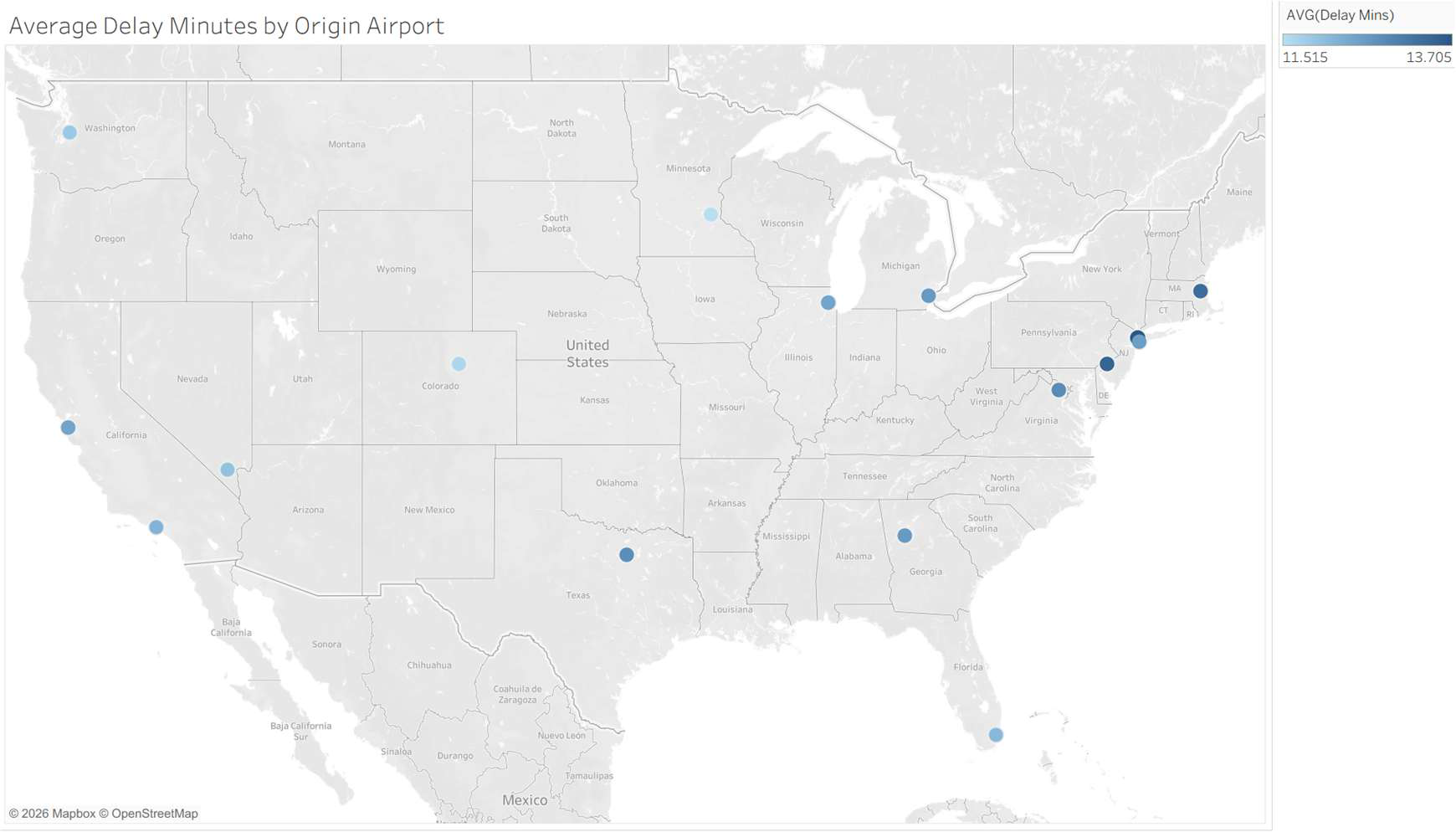 Tableau map of average delay minutes by origin airport across the continental United States